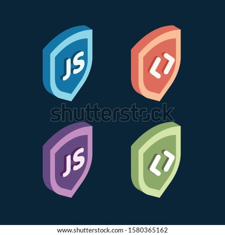 Collection of Colorful Frontend Isometric Vector Shield Badges - JavaScript, Code
