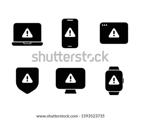 Personal Devices Icon Set - Warning Alert: Laptop, Smart phone, Browser Window, Desktop Computer Display, Smart Watch and Security Shield Shield. Isolated, Solid Color and Flat Style Pictograms