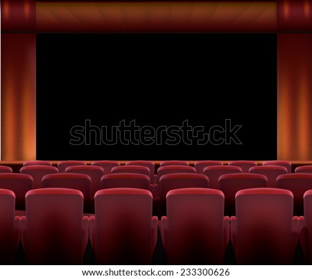 Theater with big screen. A Theater or cinema with classic red seating a large black screen and wood paneling walls illuminated by lighting.