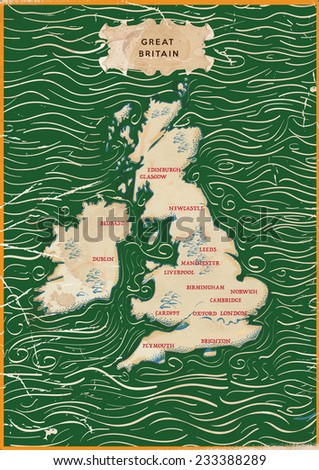 Vintage Map of the United Kingdom. Classic old map of the British Isles featuring main locations and swirling background texture.