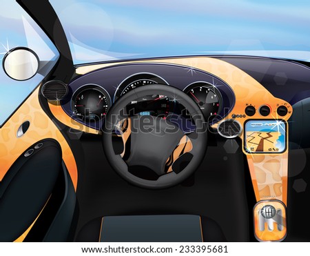 Sports Card Dashboard. A Orange modern sports car dashboard with steering wheel, satellite navigation screen,pedals,beer box and more.