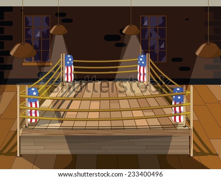 A Boxing ring. A vintage style boxing ring with american styled corner cushions, this wooden boxing ring is located in a classic old fashioned gym.