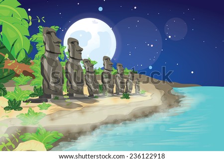 Easter Island moai, A illustration of the stone faces from easter island in the pacific ocean, these carved heads are on a beach at night, the moon is rising in the background