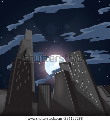 Skyscrapers. A set of very tall buildings or skyscrapers in a city environment, these buildings are seen during the night with the moon rising in the background.