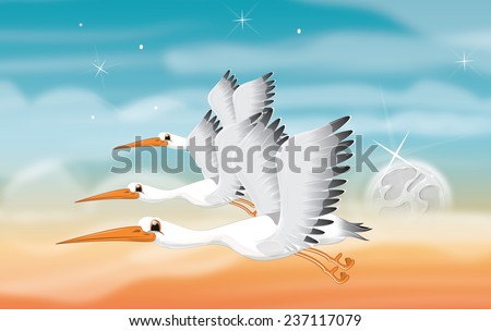 Cartoon Flying Cranes. three Cute cranes in flight with their wing spread, the background is of a evening or morning sky.