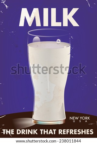 Vintage Milk advertising poster. A classic or vintage milk poster featuring a glass of milk.
