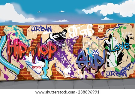A graffiti wall with sky and path. A classic graffiti wall with blue sky and sidewalk.