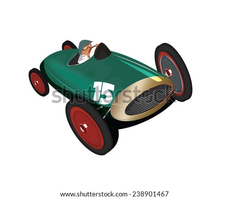 vintage racing car. A classic racing car with shiny metal body and driver in the seat. this motor racing car is british racing green in color