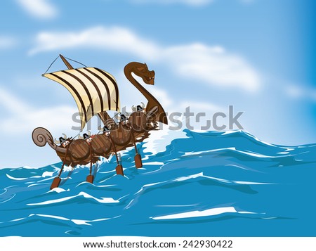 Viking Ship Traveling Across The Ocean. A Cartoon Long Ship With ...