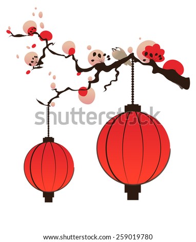 Chinese sky lanterns, Chinese sky or fire lanterns hanging from a tree.