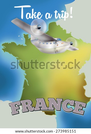 France Travel poster cartoon, A vacation poster featuring a vintage aircraft to the nation of France