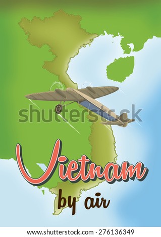 Vietnam by air travel poster, this is a vintage feel travel poster featuring a map of the nation of Vietnam.