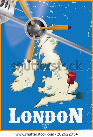 Vintage London,uk travel poster, this is a vintage old and worn vacation poster of great Britain, London is specifically pointed out with a red pin.