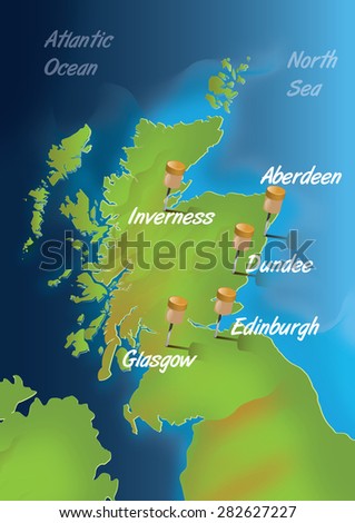 Map Of Scotland, this is a contemporary map of the nation of Scotland with its main population areas located with pins and labels.