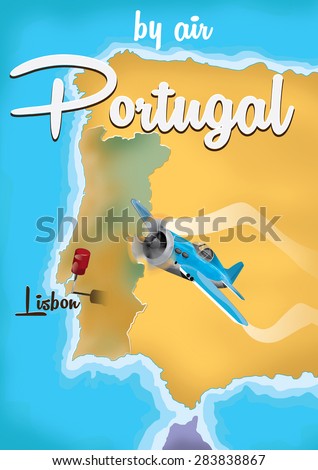 By air to Portugal travel poster,This is a vintage travel poster to Portugal featuring a old prop plane.