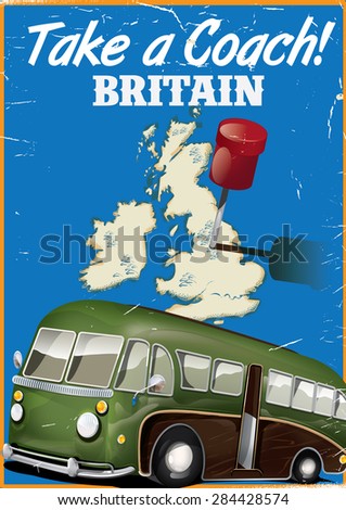 Take a Coach, vintage travel poster, this is a vintage British coach vacation poster.