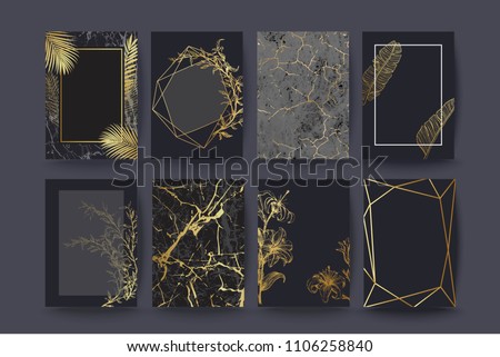 Set of elegant brochure, card, cover. Black and golden marble texture. Vintage  gold background. Geometric frame. Palm exotic leaves. Botanical art.