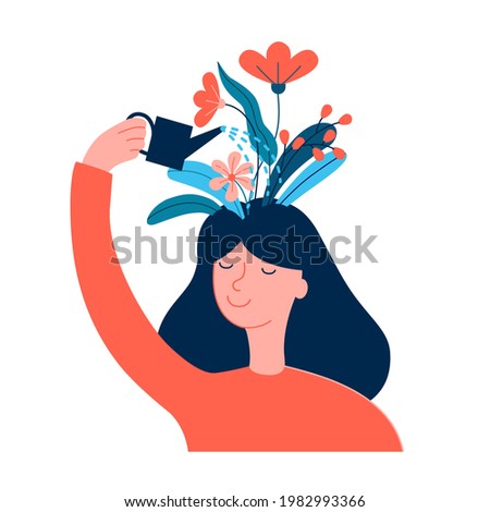 Happy woman, girl care of herself, creates good mood, happiness, self care, love, confidence, positive thinking, thoughts. Woman pouring flowers on her head. Wellness, mental health, therapy concept.