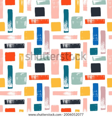 Hand painted seamless pattern with various abstract shapes, brush strokes, squares, color blocks. Grunge texture. Endless colorful background. Print for fabric, clothes, wallpaper.