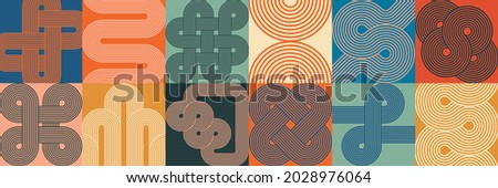 Composition with line art geometric forms and colorful blocks. Optic illusion. Endless knot, arc, waves, circles. Modern abstract composition for wall design, poster, cover.