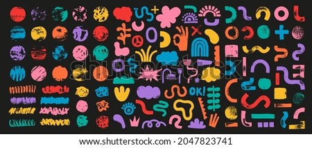 Big set of colorful hand painted various shapes, curls, forms, brush strokes and doodle objects. Abstract modern minimalist trendy vector illustration with grunge texture.