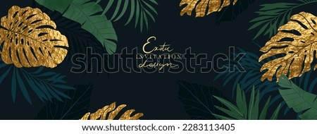 Exotic luxury background, frame, card. Tropical green, blue and golden palm leaves.  