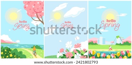 Set of spring landscapes. Sea shore, city park, lake, field with green grass and flowers. Warm sunny day. Happy weekend rest, leisure time. Eco, healthy vibes concept.