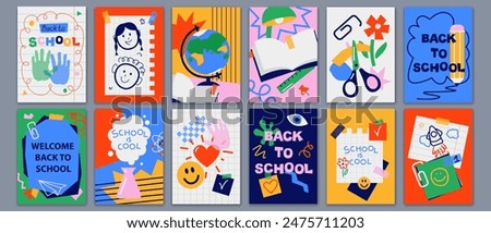 Back to school cards, backgrounds set. Simple flat style education icons, symbols, doodles. Art collage, papers, hand drawn design elements. Bright colorful school subjects conept.