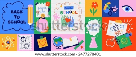 Back to school long horizontal banner, background. Simple flat style education icons, symbols, doodles. Art collage, papers, hand drawn design elements. Bright colorful school subjects conept.