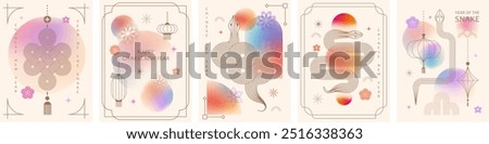 Chinese New Year  vector design cards. 2025 year of the Snake. Lunar new year concept. Geometric modern vector with abstract forms, gradients, snakes. Design for calendar, cover, flyer.