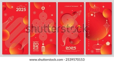 Chinese New Year  vector design cards. 2025 year of the Snake. Lunar new year concept. Geometric modern vector with abstract forms, gradients, snakes. Design for calendar, cover, flyer.