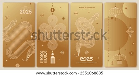 Chinese New Year  vector design cards. 2025 year of the Snake. Lunar new year concept. Geometric modern vector with abstract forms, gradients, snakes. Design for calendar, cover, flyer.