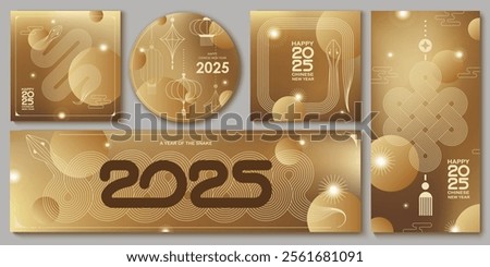 Chinese New Year  vector design cards. 2025 year of the Snake. Lunar new year concept. Geometric modern vector with abstract forms, gradients, snakes. Design for calendar, cover, flyer.