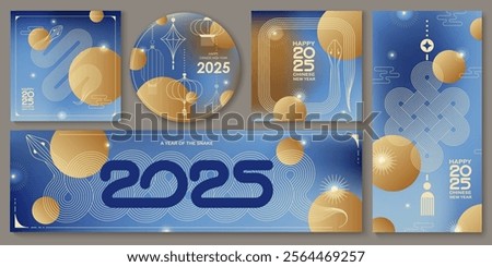 Chinese New Year  vector design cards. 2025 year of the Snake. Lunar new year concept. Geometric modern vector with abstract forms, gradients, snakes. Design for calendar, cover, flyer.