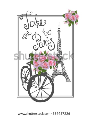 T-shirt print design with sign TAKE ME TO PARIS. Hand drawn Eiffel tower, retro bicycle and roses. 商業照片 © 