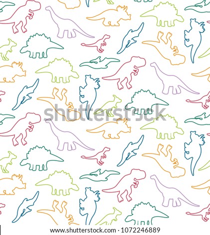 Brite line art with dinosaurssilhouettes. Seamless pattern