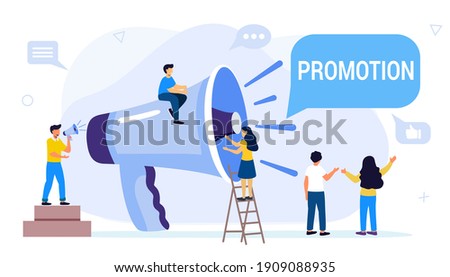 Professional speaker with megaphone Tiny people creative trainees or company members listening to the performance to skilled coach or senior colleague Vector illustration flat design style