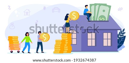 Saving to buy a house or home savings vector illustration concept Planning savings money to buy a home Real estate or property investment Mortgage concept House loan or money investment to real estate