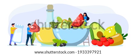 Cooking salad Tiny people standing by huge salad bowl Flat vector illustration for poster banner website Small men and women putting slices of vegetables to salad mixing bowl Healthy organic food