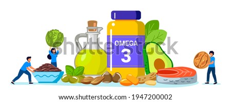 Omega 3 fat concept Tiny people take products and vitamins with polyunsaturated fatty acids Animal and vegetable sources of omega-3 acids Natural organic nourishment Food supplement and health care
