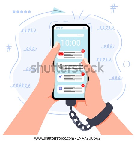 Gadget addiction Iron chain that ties together hand and smartphone in concept of social media and internet nomophobia and digital detox Concept of social problem mobile phone addiction Social Disease