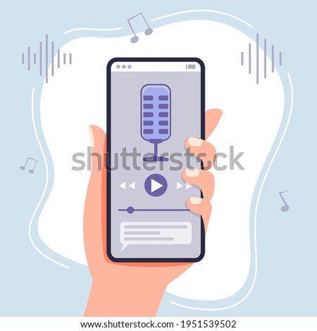 Virtual assistant Audiobook service web page concept Hand holds smartphone Distance education e-learning Podcast Webinar Tutorial Flat style vector illustration Learning languages via the Internet