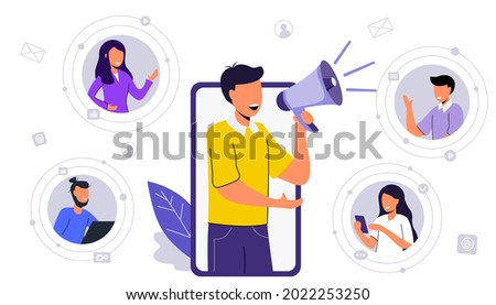 Influencer or social marketing banner Man employer in laptop shout in loud speaker and recruit new employees Social media account promotion, audience or followers growth SMM banner Landing page Flyer