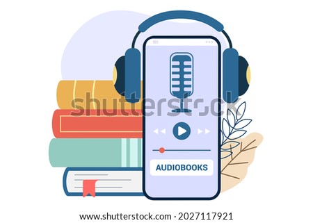 Audiobooks Listening to e-books in audio format Headset with digital online books stack Headphones Online application or media player for listening to digital audiobooks and podcasts