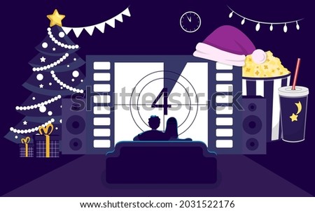 Christmas movie Young couple watching New year movie or TV on sofa in a christmas decorated interior of house Holidays decoration in living room vector illustration Best Christmas movies