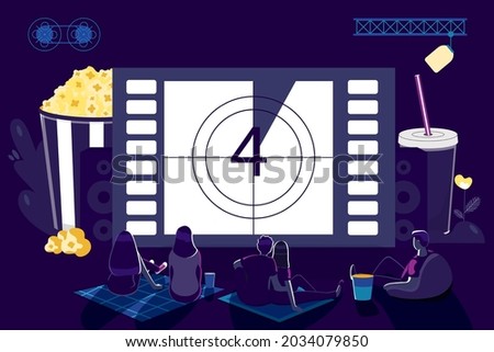 Movie night at home Outdoor movie theater night with friends Watching film on big screen with sound system Open air cinema backyard theater gear concept Vector illustration