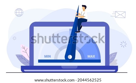 Website loading optimization Page speed and SEO Flat vector concept illustration Website speed Loading time Page optimization Speed test metering dial Slow loading of media content Signal quality