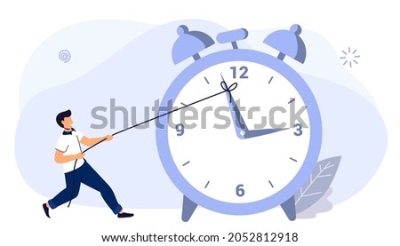 Rope businessman Turning clock arrow back Metaphor of time management in team Concept of multitasking, performance, timeline Business project deadline Time management Assessment and control