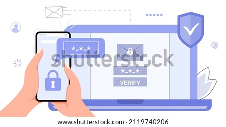 2fa Two factor authentication password secure notice login verification code Notice with code fo sign in Two steps factor verification via laptop and phone Mobile OTP method Vector flat illustration