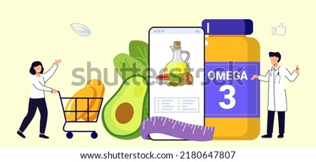 Online pharmacy flat vector illustration Drugstore vitamins and supplements online Home delivery pharmacy service Medical supplies and pills Omega 3 fat  Natural organic nourishment Food supplement